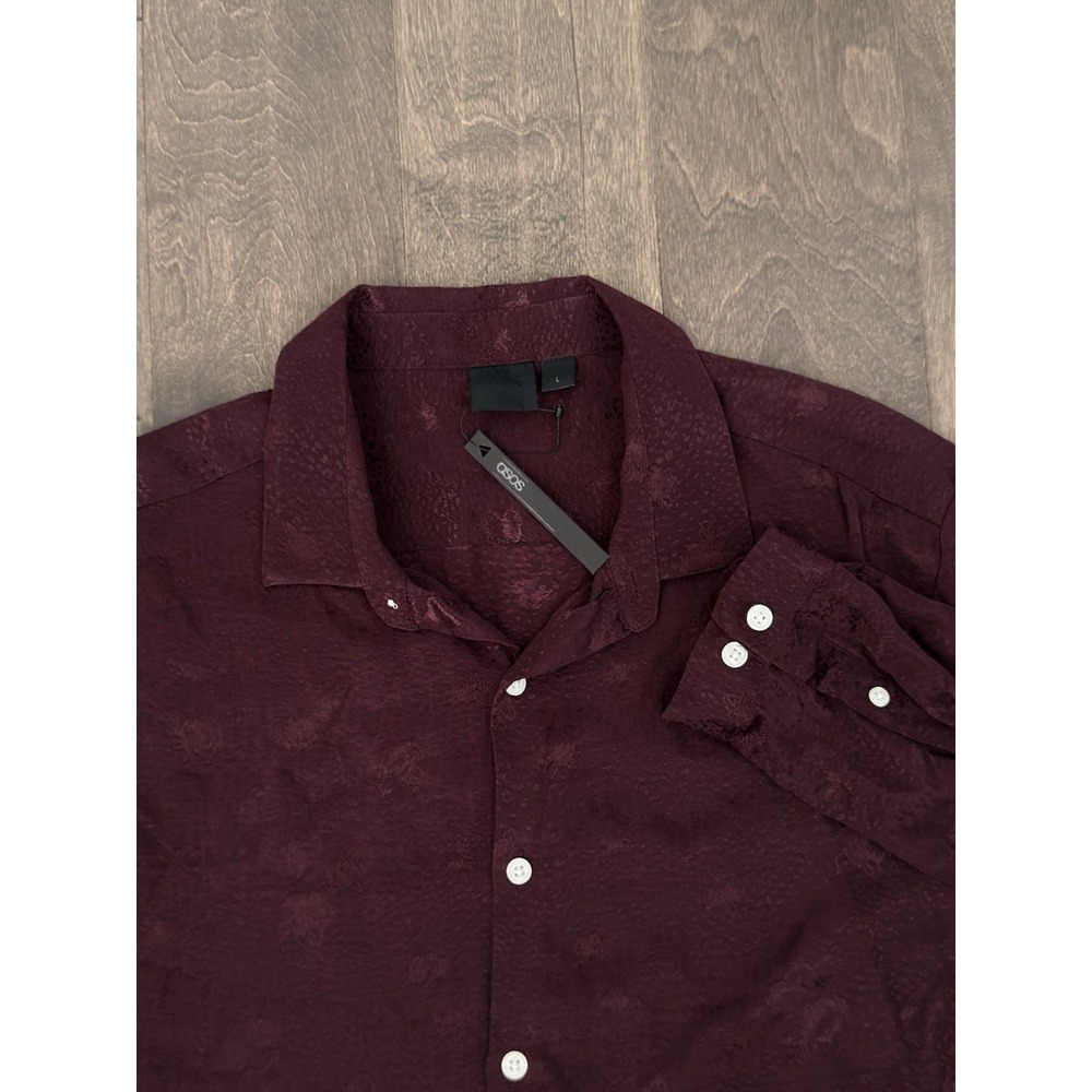 NWT ASOS Men Burgundy Red Viscose Button Down Long Sleeve Geometric Shirt Size L